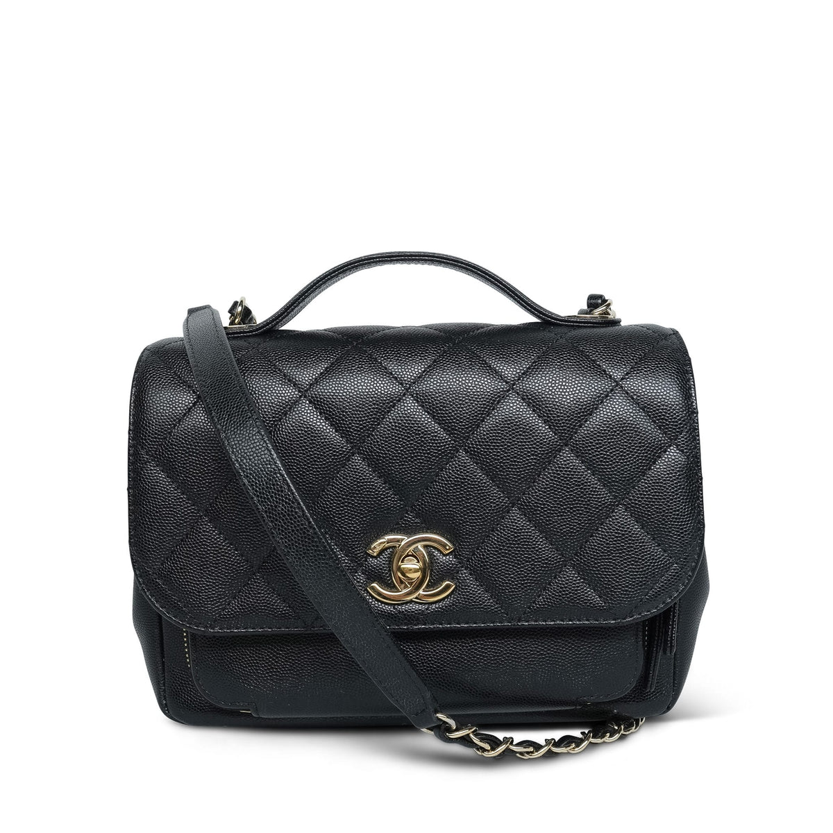 Black Caviar Quilted Business Affinity Flap Medium Light Gold Hardware