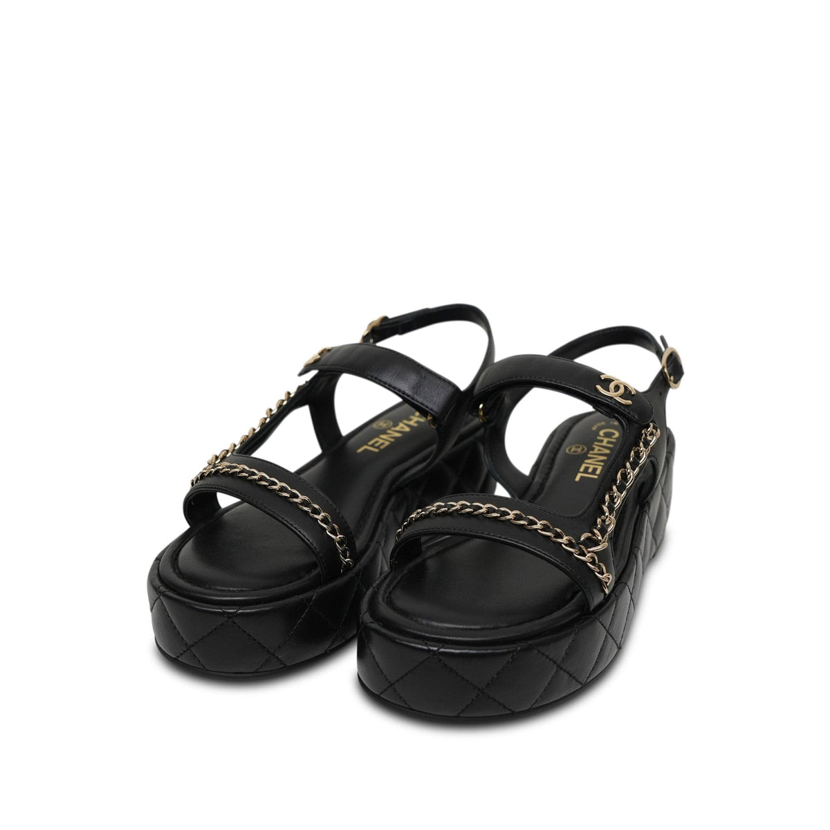 25P Black Lambskin Quilted Chain CC Platform Sandals Size 37