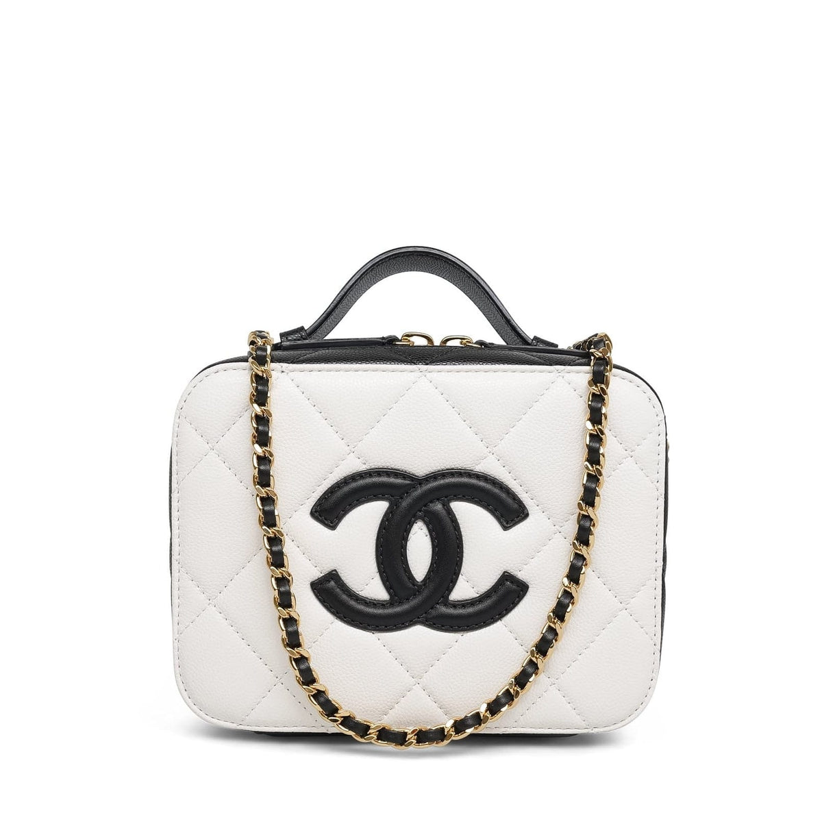 26B White Black Caviar Quilted CC Filigree Vanity Case Small Gold Hardware