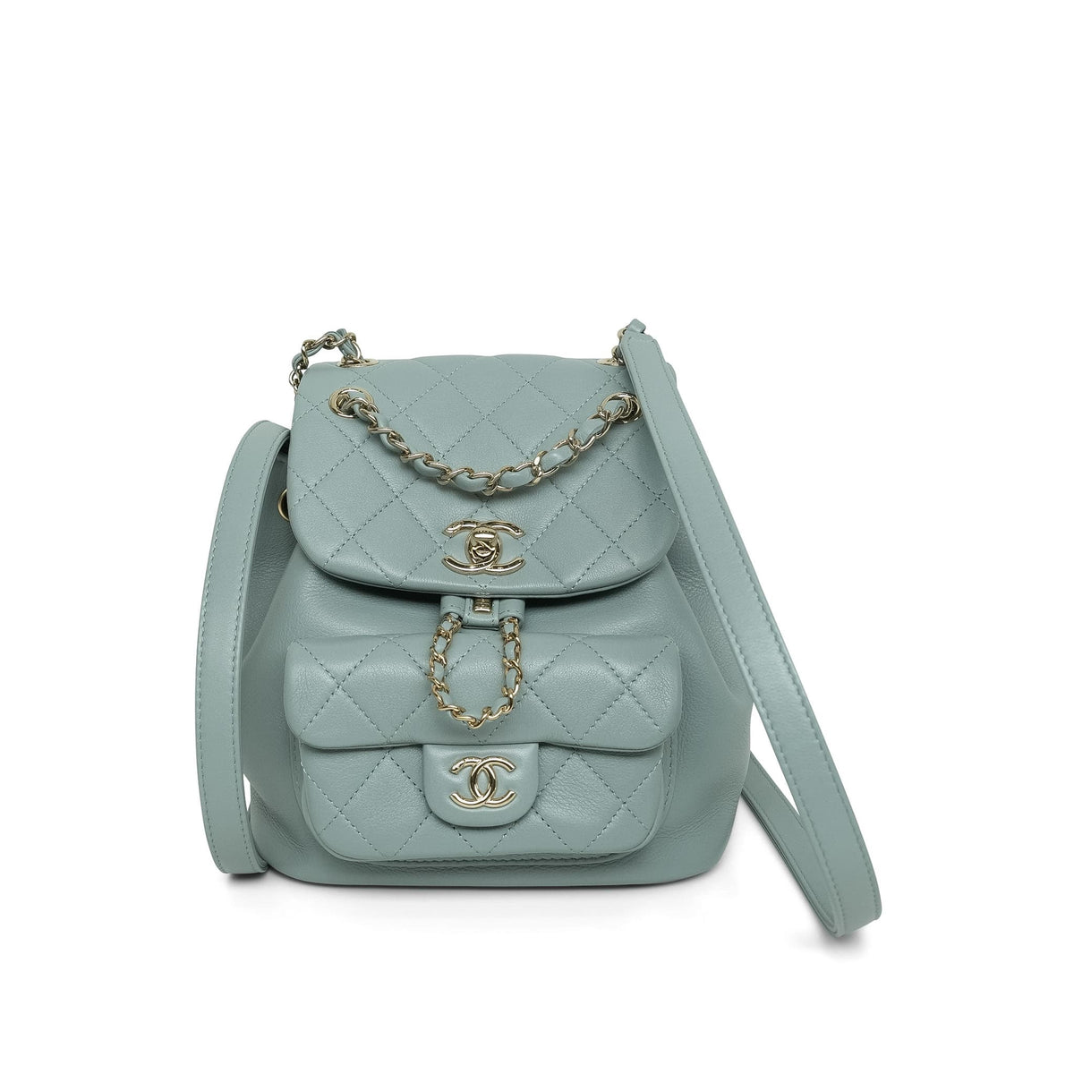 23C Light Grey/Green Calfskin Quilted Duma Backpack Mini LGHW