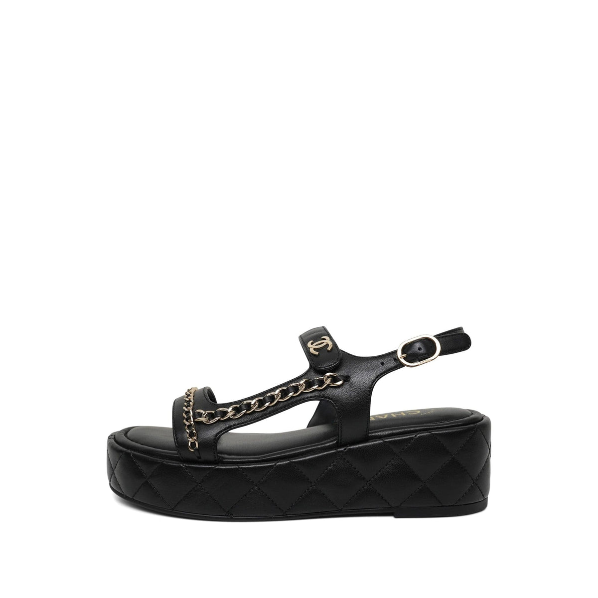 25P Black Lambskin Quilted Chain CC Platform Sandals Size 37