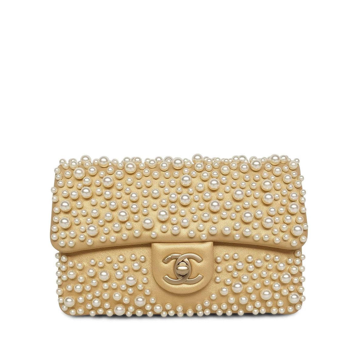 15C Metallic Gold Lambskin Pearl Embellished Slim Flap Bag AGHW