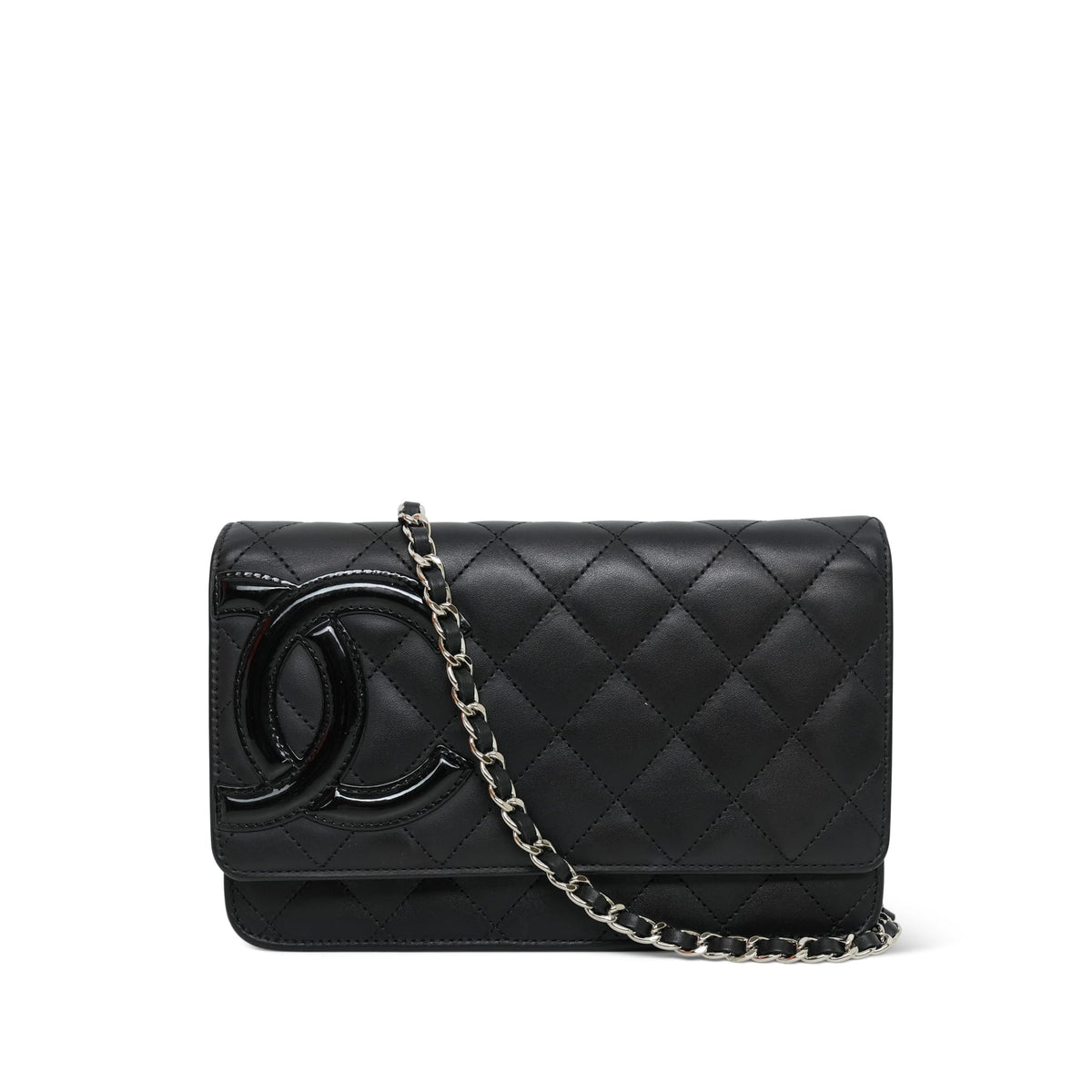 Black Lambskin Quilted Cambon Wallet on Chain WOC Silver Hardware