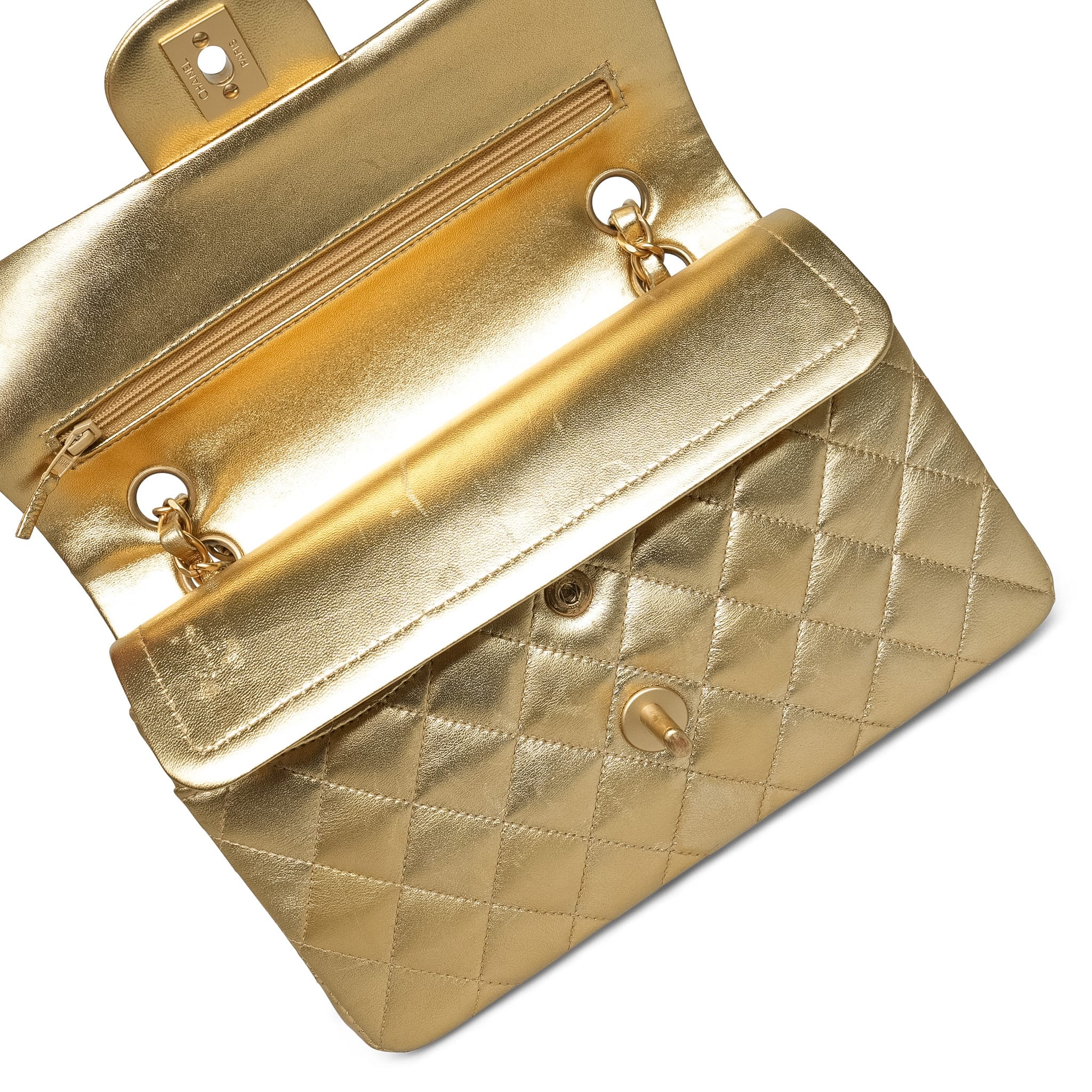Product image 29 of 32: Gold Metallic Lambskin Quilted Classic Flap Small Aged Gold Hardware