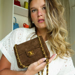 Product image 2 of 24: Brown Suede Quilted Mini Square Flap Gold Hardware