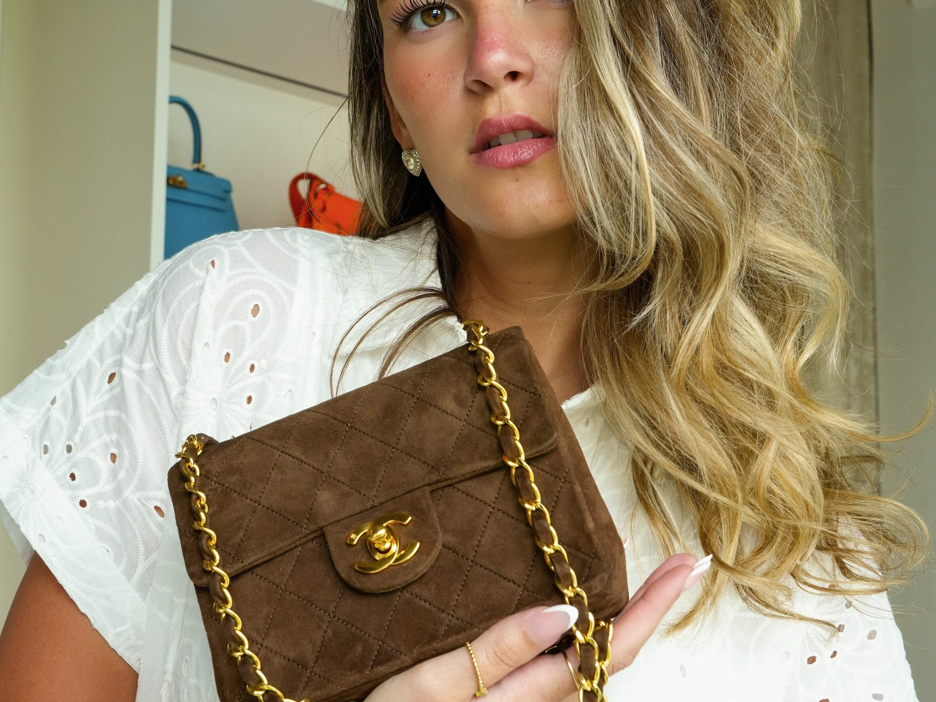 Brown Suede Quilted Mini Square Flap Gold Hardware