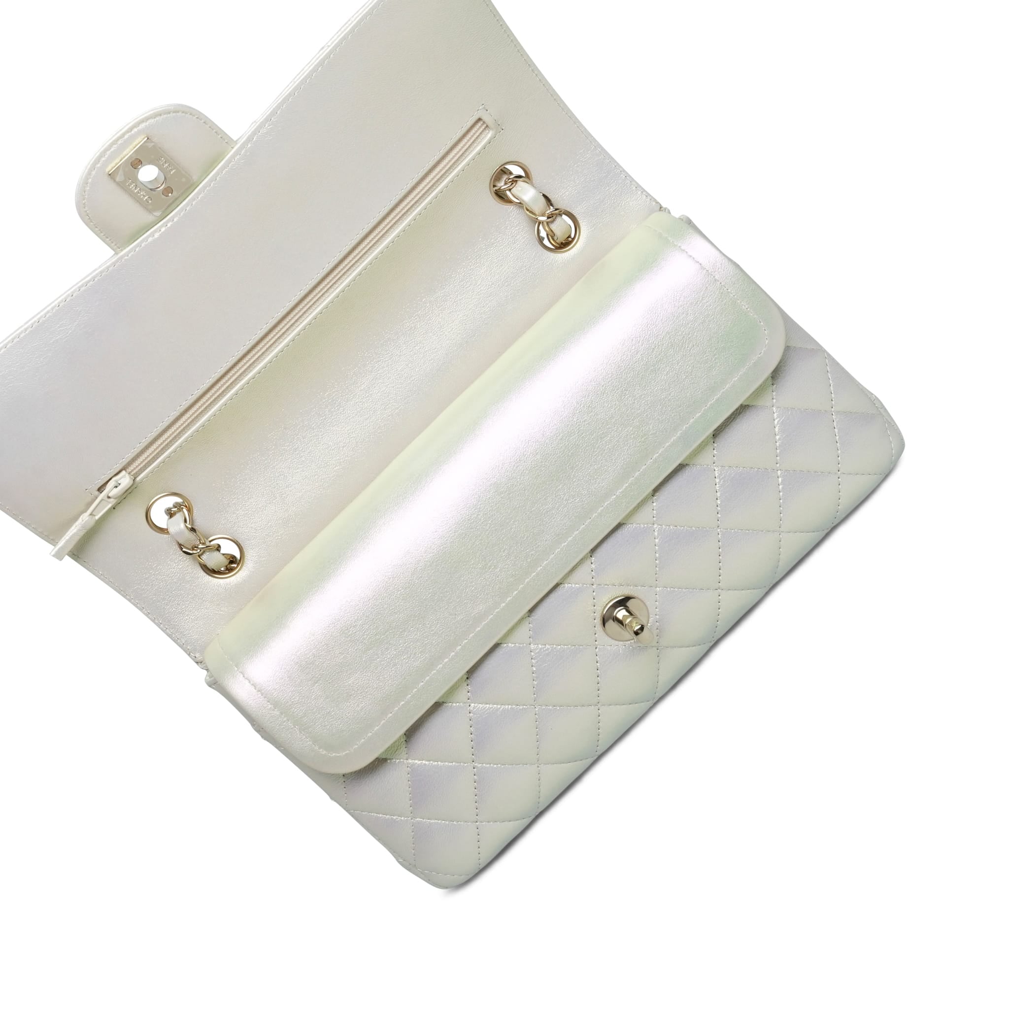 Product image 15 of 16: 20B White Iridescent Calfskin Quilted Classic Flap Medium Light Gold Hardware