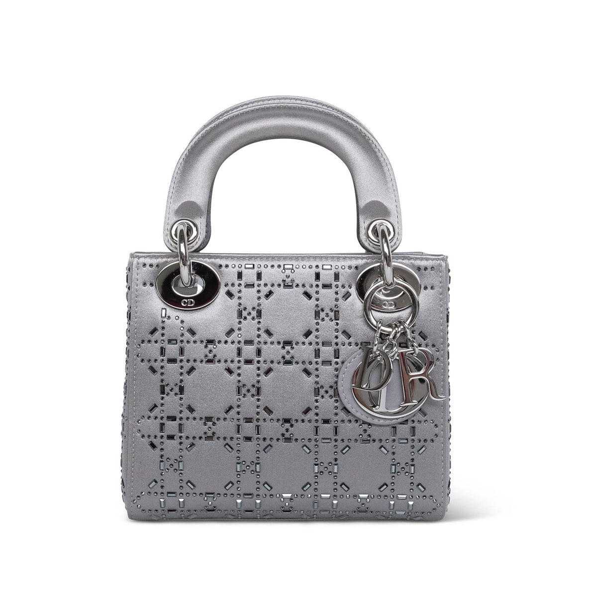 Dior Grey Satin Crystal Embellished Cannage Lady Dior Mini Silver Hardware