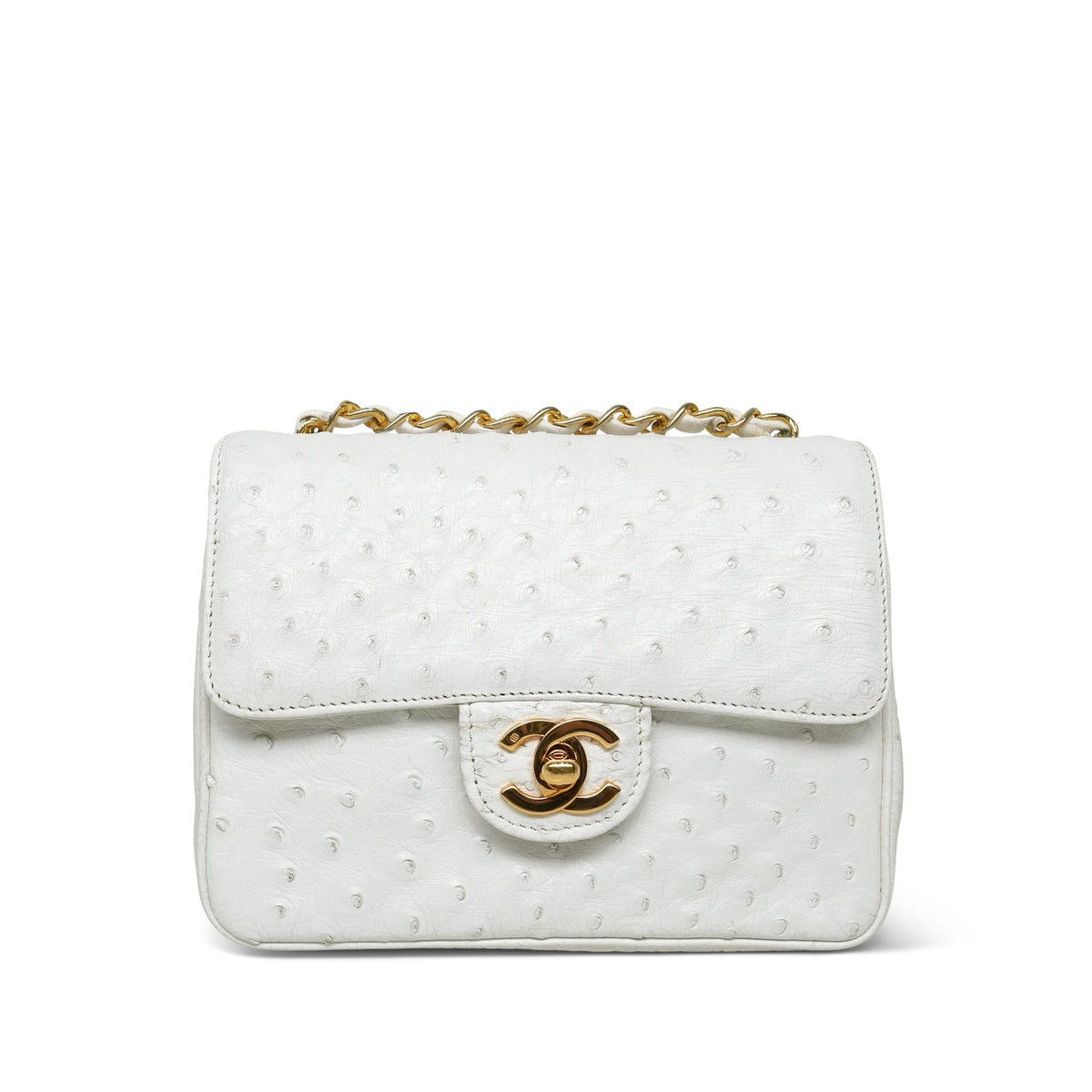 White Ostrich Mini Square Flap Gold Hardware