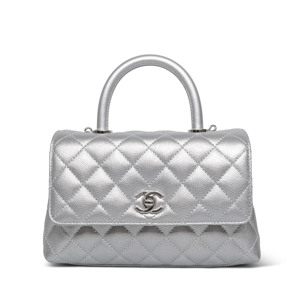 Silver Metallic Caviar Quilted Coco Handle Small Silver Hardware