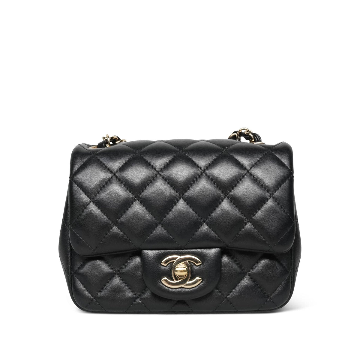 Black Lambskin Quilted Mini Square Flap Light Gold HW