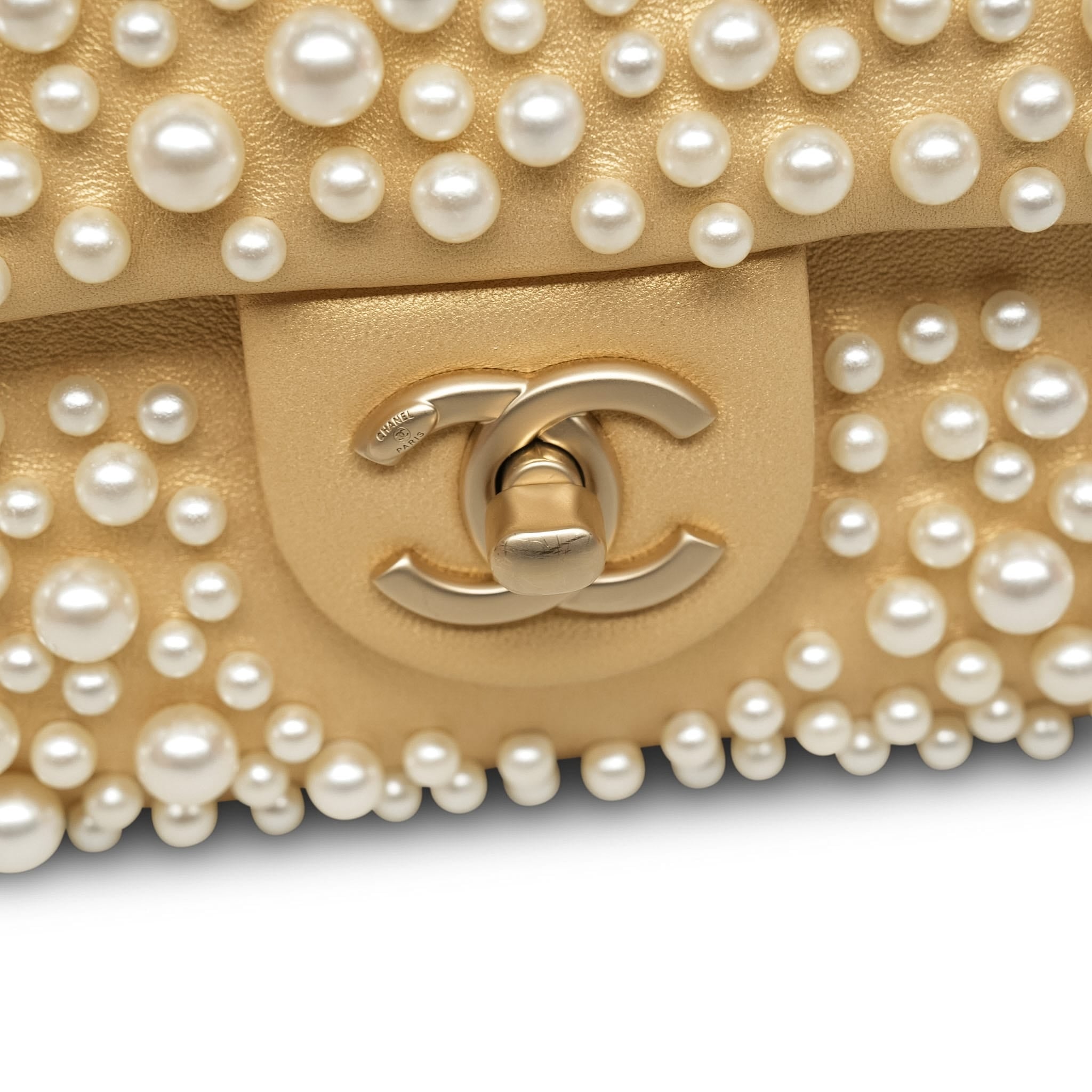 Product image 12 of 15: 15C Metallic Gold Lambskin Pearl Embellished Slim Flap Bag AGHW