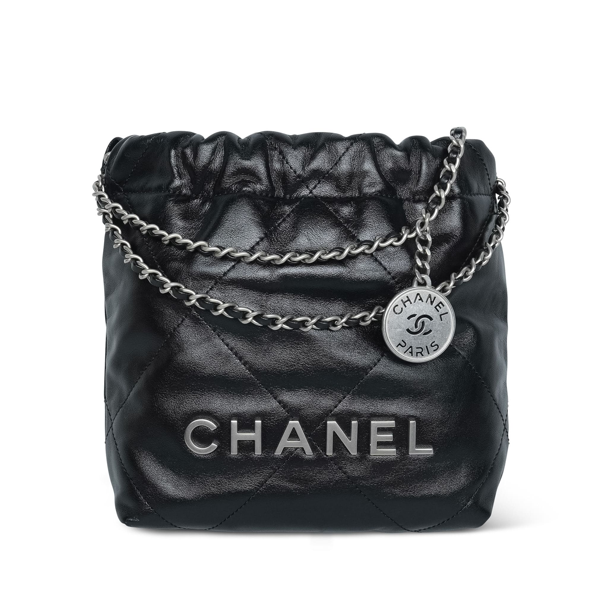 Product image 2 of 12: Black Calfskin Quilted Mini 22 Hobo Bag Aged Silver Hardware