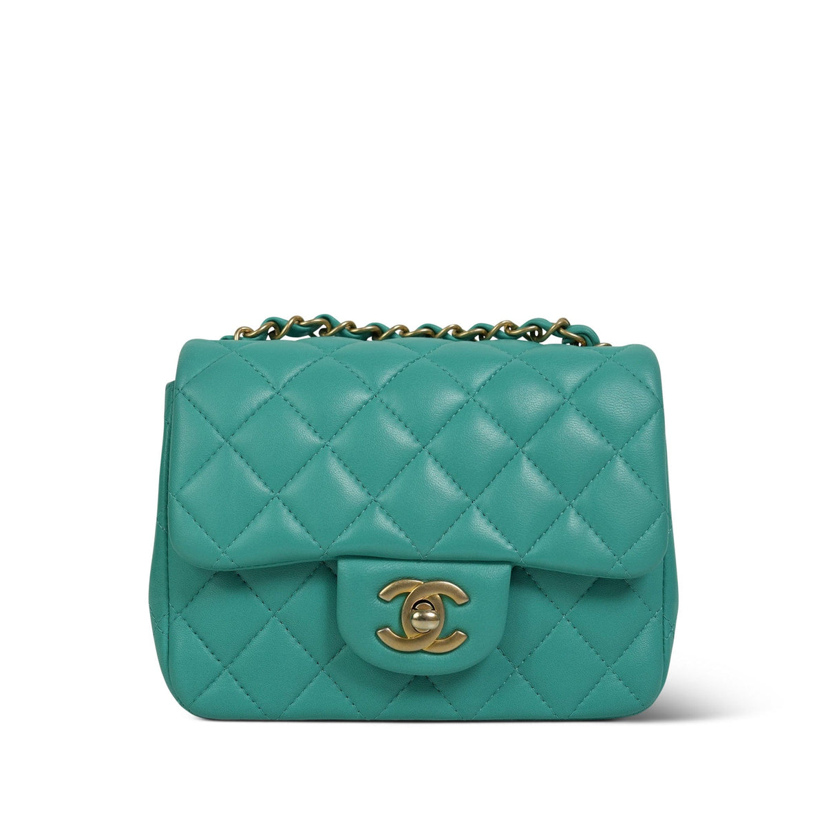 19S Teal Lambskin Quilted Mini Square Flap Aged Gold Hardware