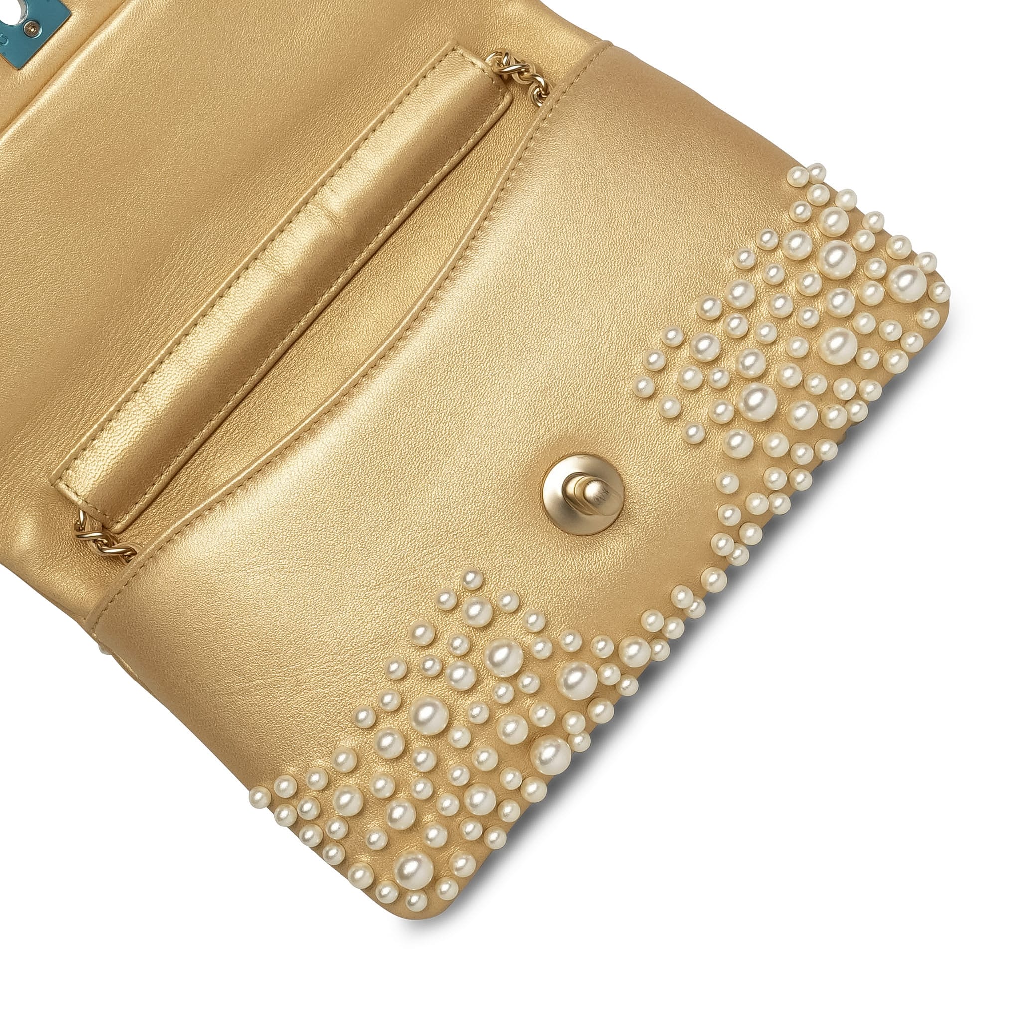 Product image 13 of 15: 15C Metallic Gold Lambskin Pearl Embellished Slim Flap Bag AGHW