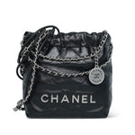 Product image 1 of 12: Black Calfskin Quilted Mini 22 Hobo Bag Aged Silver Hardware
