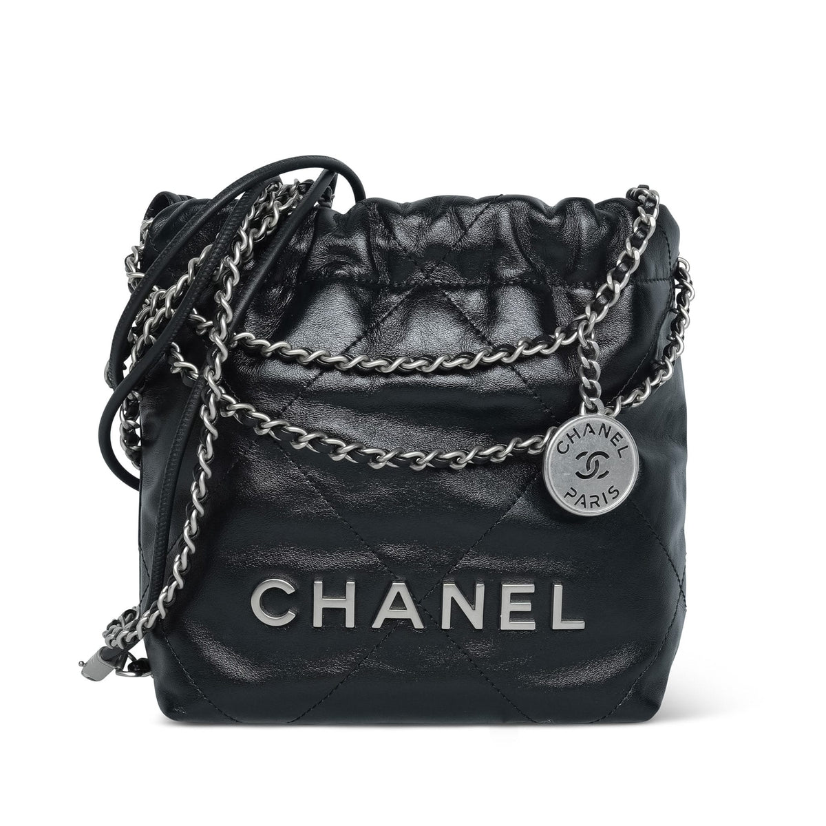 Black Calfskin Quilted Mini 22 Hobo Bag Aged Silver Hardware