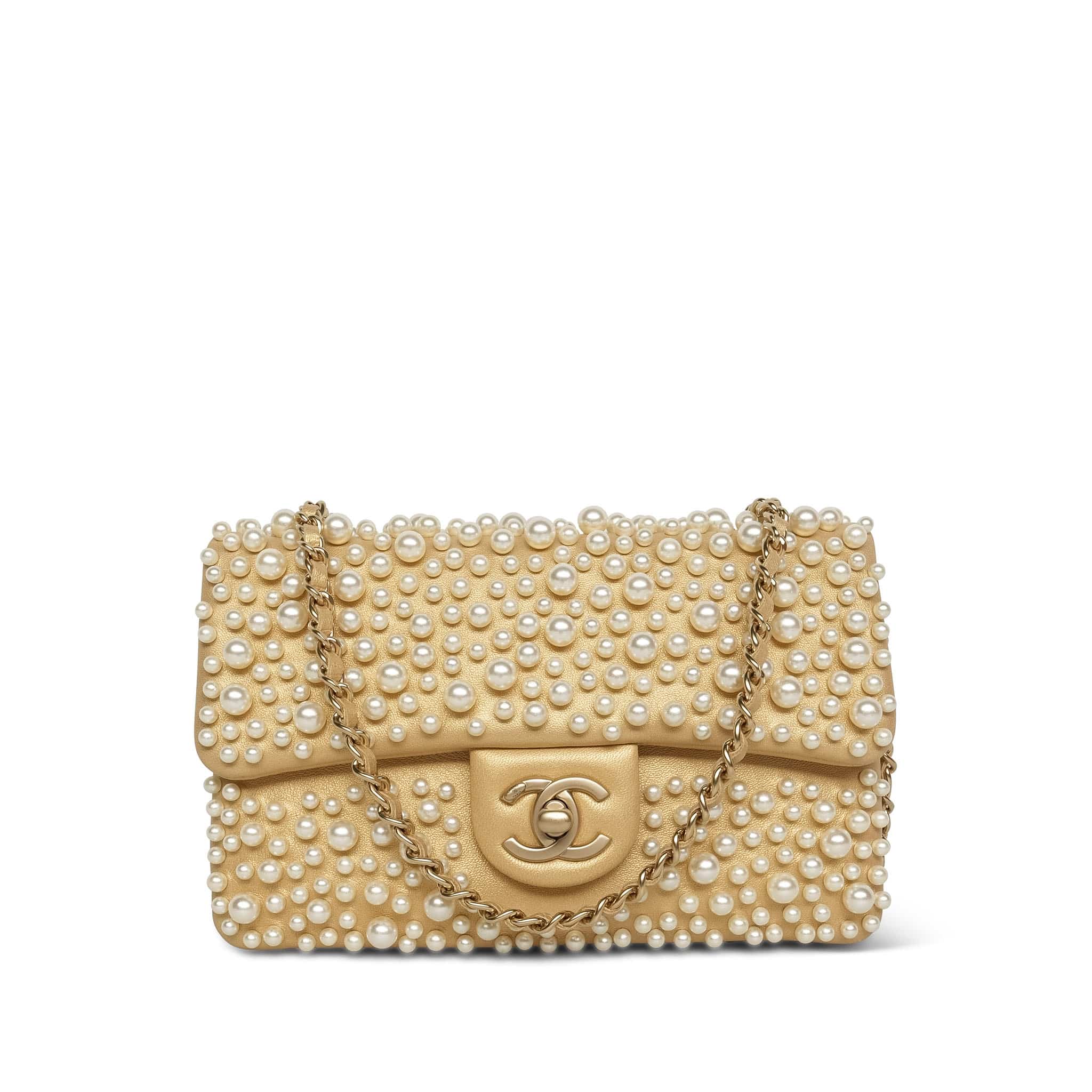 Product image 1 of 15: 15C Metallic Gold Lambskin Pearl Embellished Slim Flap Bag AGHW