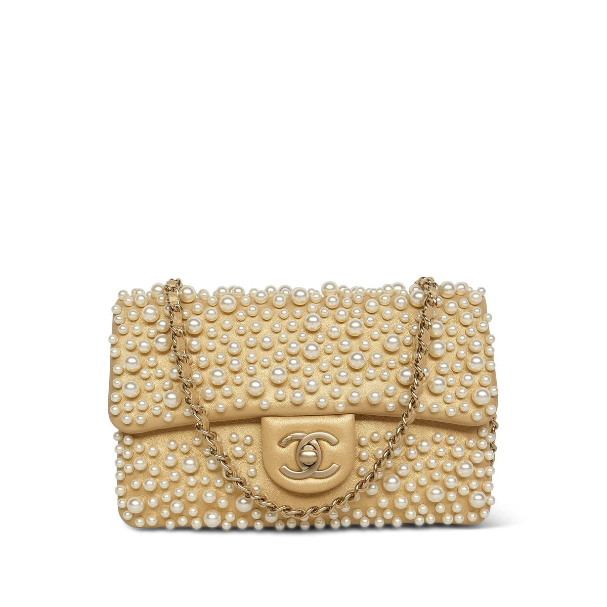 15C Metallic Gold Lambskin Pearl Embellished Slim Flap Bag AGHW