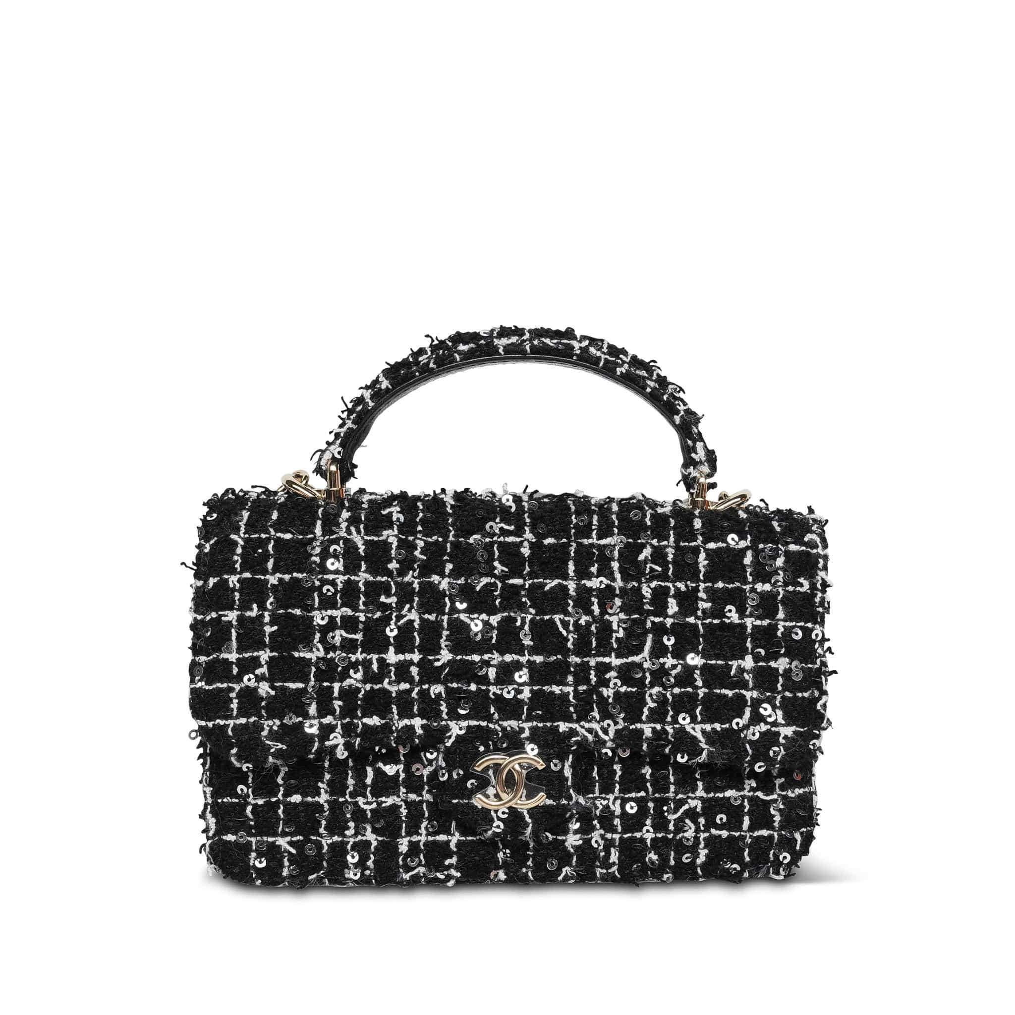 Product image 2 of 17: Black/White/Sequin Tweed Quilted Mini Top Handle Light Gold Hardware