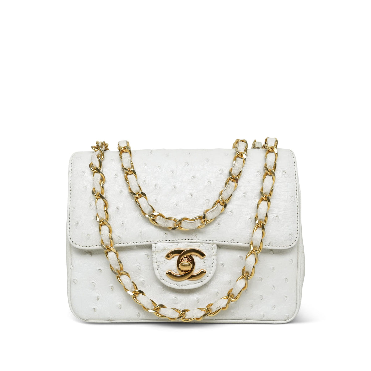 White Ostrich Mini Square Flap Gold Hardware
