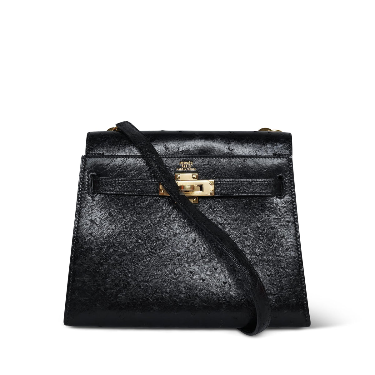 Mini Kelly 20 Black Ostrich Gold Plated P Circle Stamp