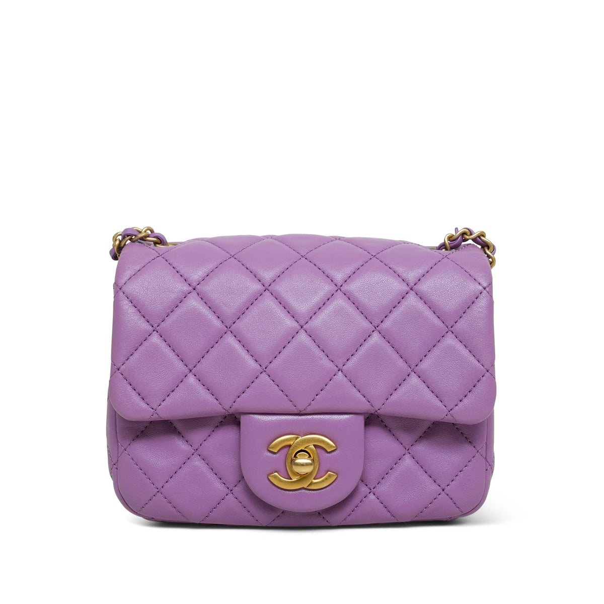 Purple Lambskin Quilted Pearl Crush Mini Square Flap AGHW
