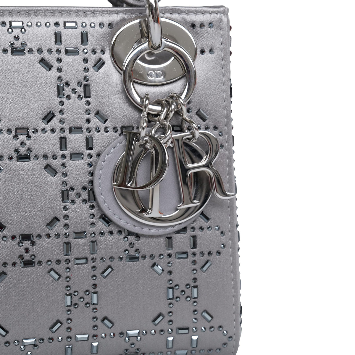 Dior Grey Satin Crystal Embellished Cannage Lady Dior Mini Silver Hardware