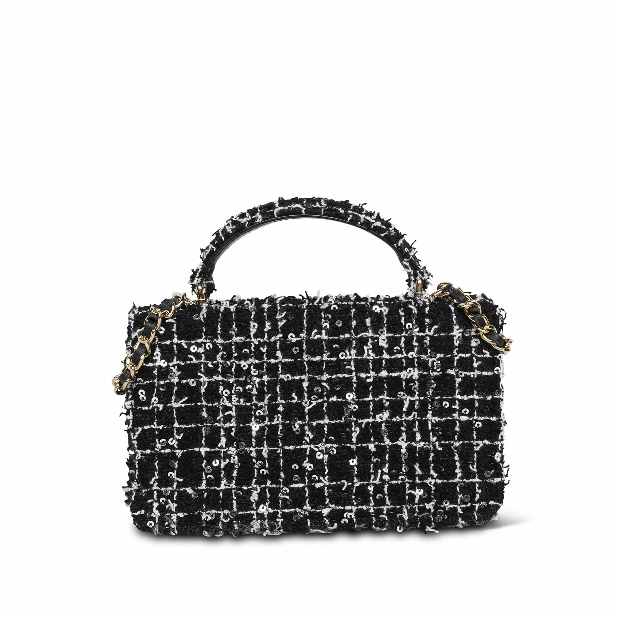 Product image 4 of 17: Black/White/Sequin Tweed Quilted Mini Top Handle Light Gold Hardware