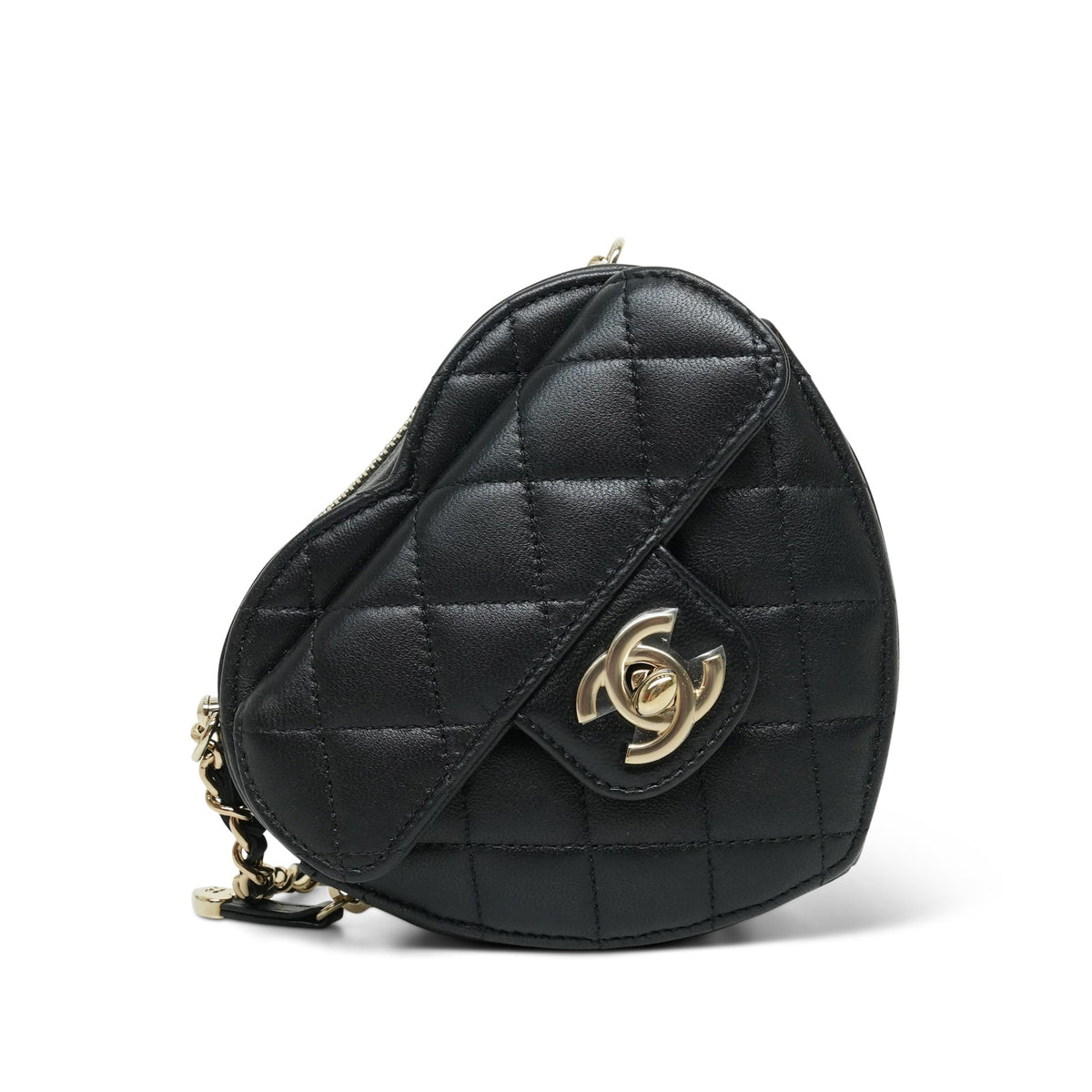 22S CC In Love Black Lambskin Quilted Small (Clutch on Chain) Heart Bag LGHW