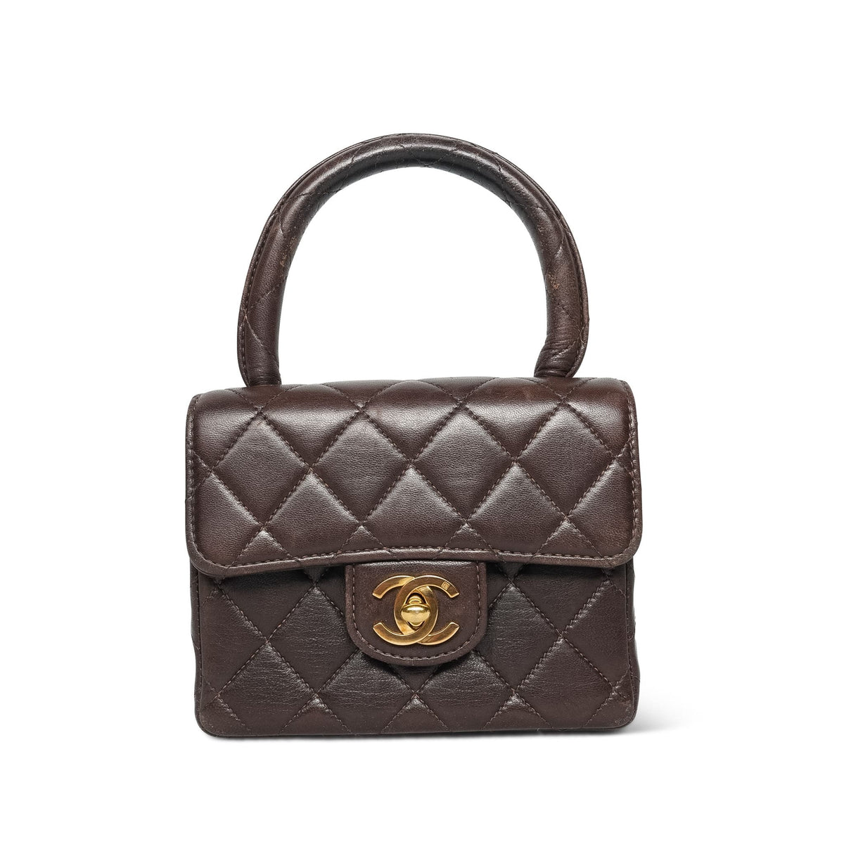 Vintage Brown Lambskin Quilted Micro Mini Kelly with Top Handle GHW