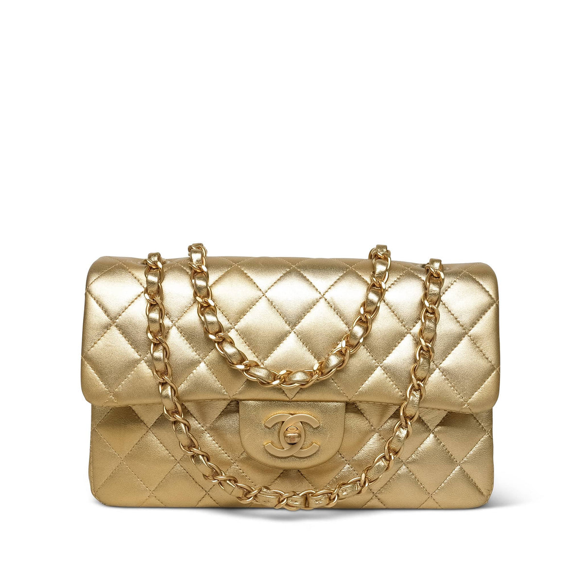Gold Metallic Lambskin Quilted Classic Flap Small Aged Gold Hardware