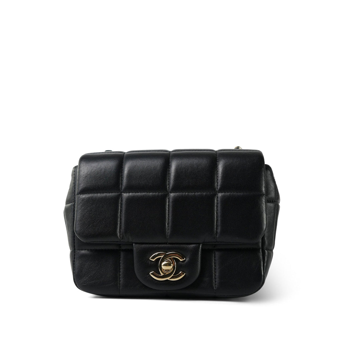 Black Lambskin Quilted Monacoco Mini Square Flap Light Gold Hardware