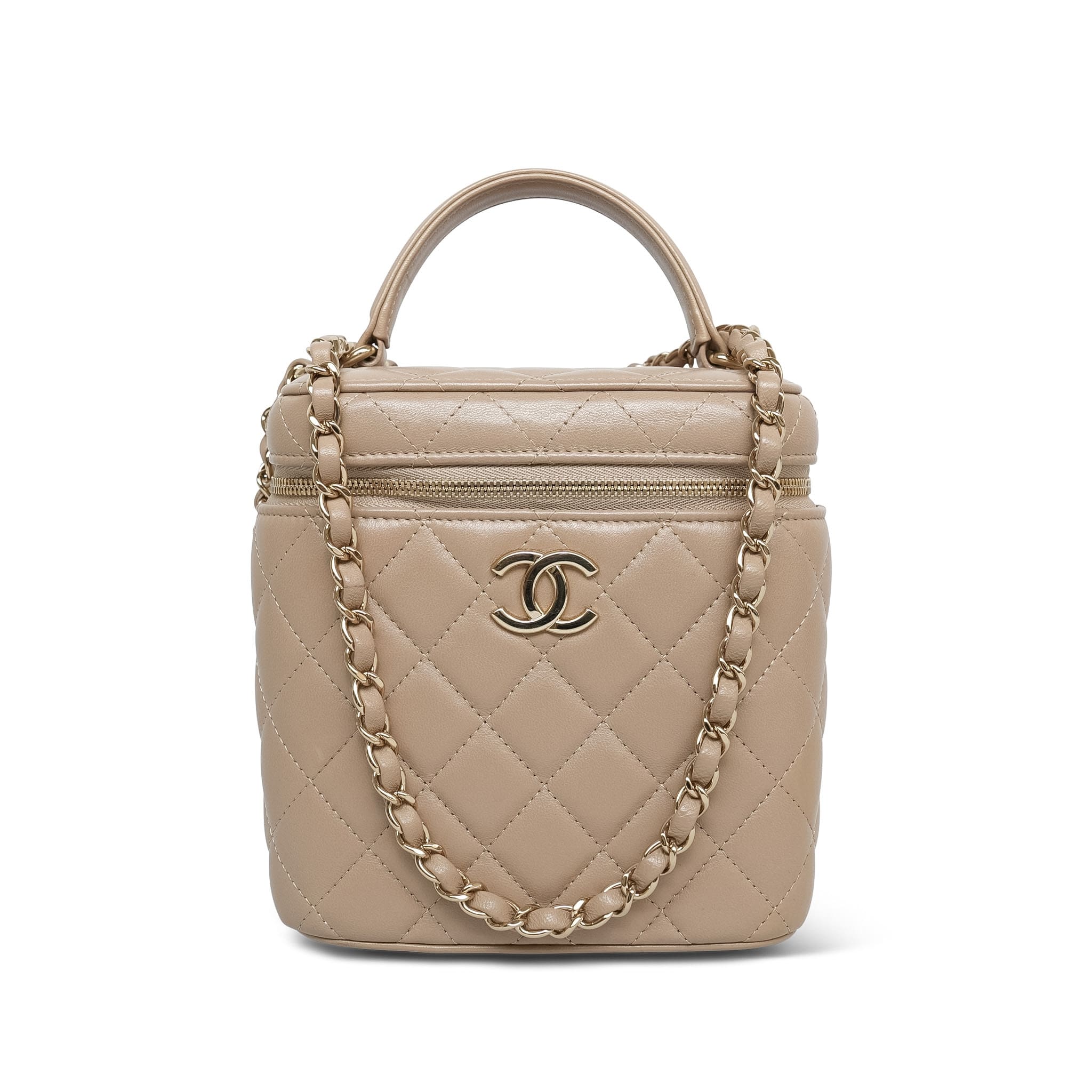 Product image 1 of 28: Beige Lambskin Quilted Top Handle Vanity Case LGHW