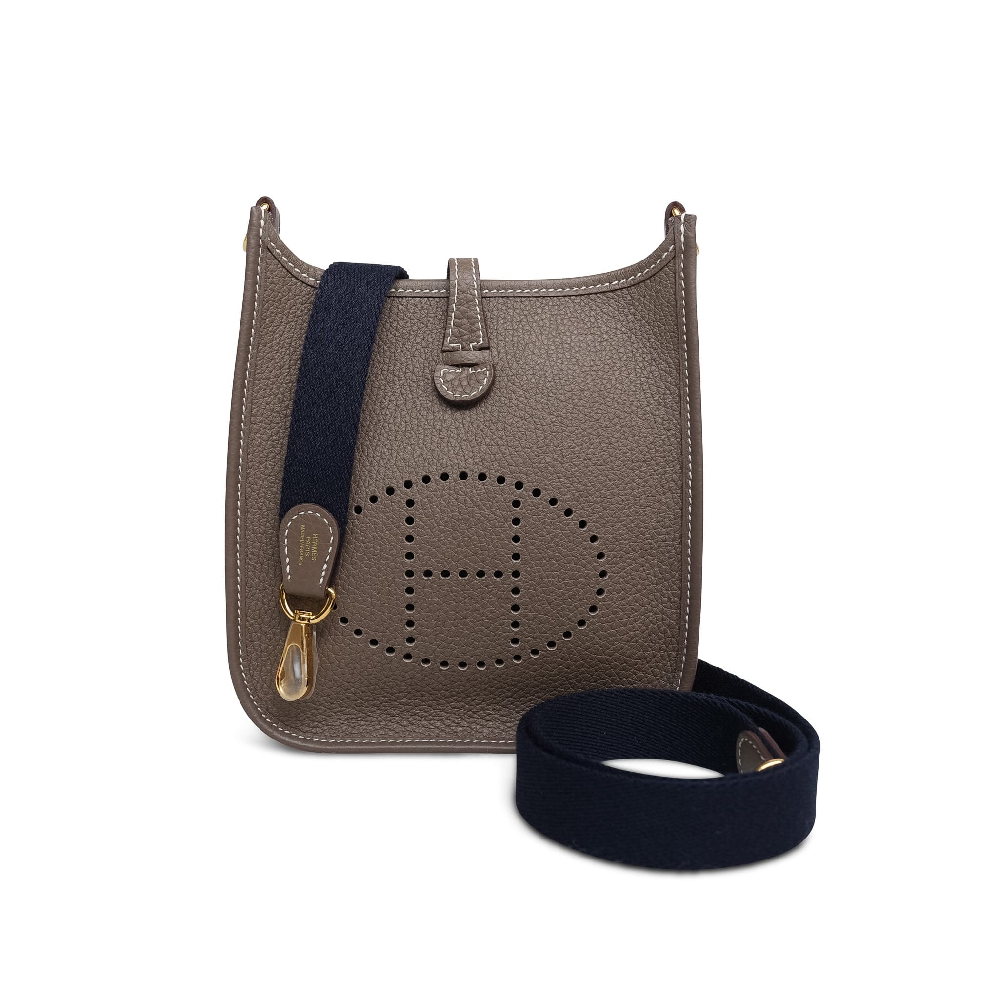 Product image 1 of 16: Evelyne Amazone 16 TPM Etoupe/Bleu Indigo Taurillon Clemence Gold Plated U Stamp