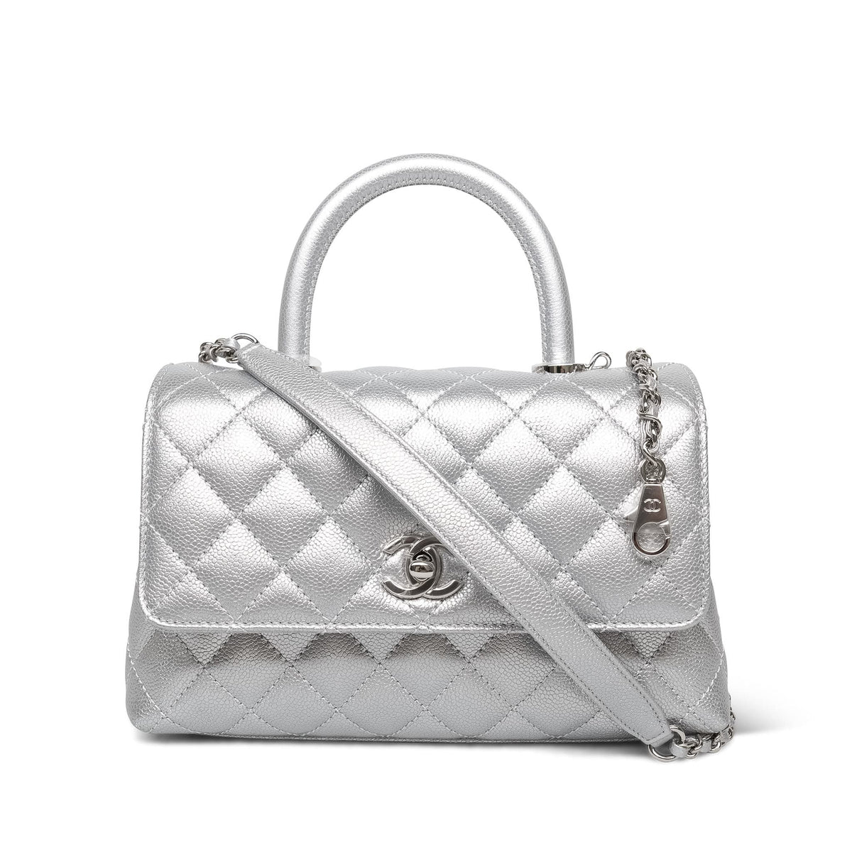 Silver Metallic Caviar Quilted Coco Handle Small Silver Hardware