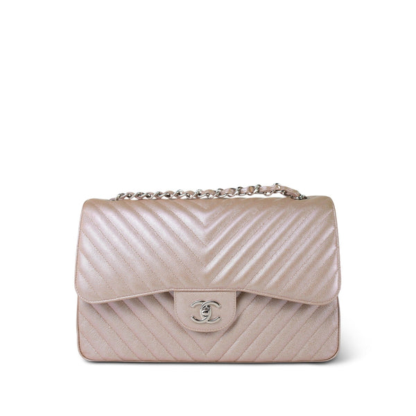 17B Rose Gold Iridescent Chevron Caviar Quilted Jumbo Classic Flap