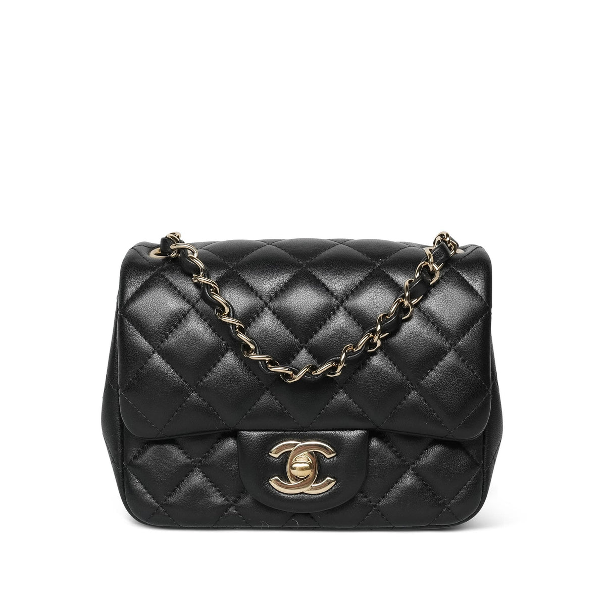 Black Lambskin Quilted Mini Square Flap Light Gold HW