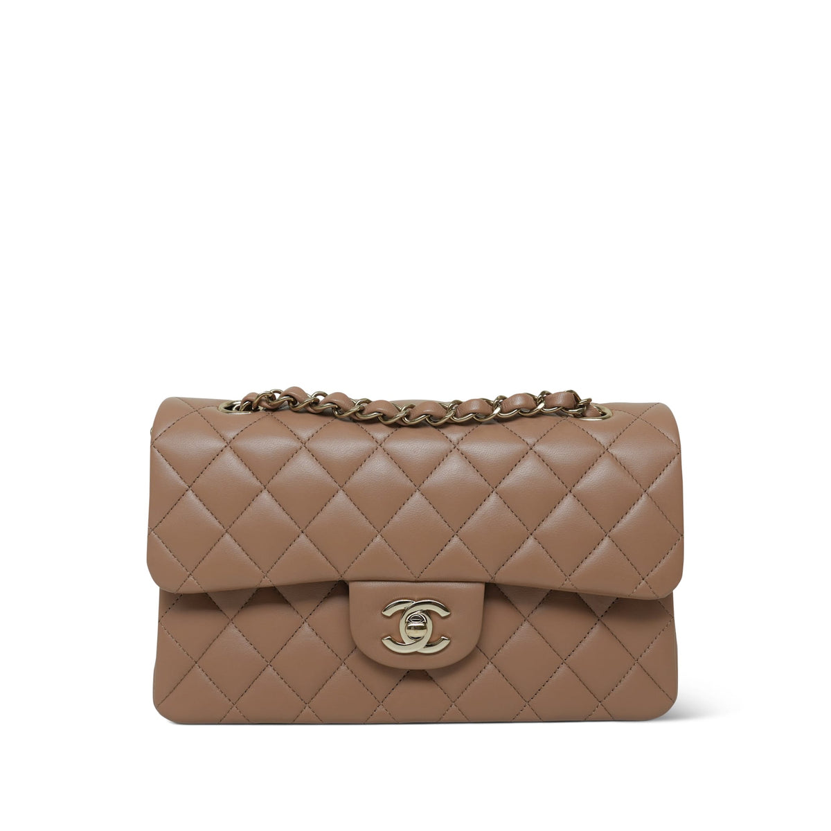 Dark Beige Lambskin Quilted Classic Flap Small LGHW