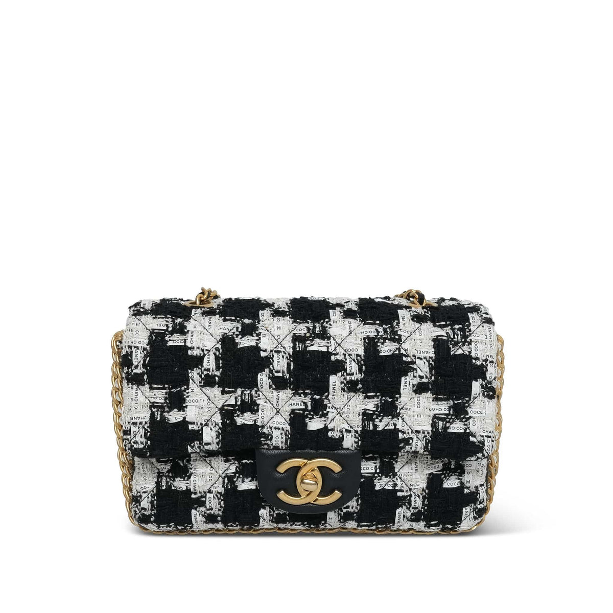 Black White Ecru Houndstooth Tweed Quilted Mini River of Pearls Flap Bag AGHW