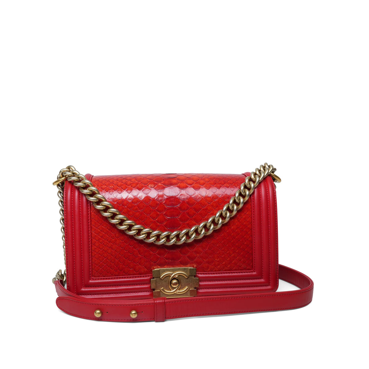 Red Python Boy Bag Medium Aged Gold Hardware