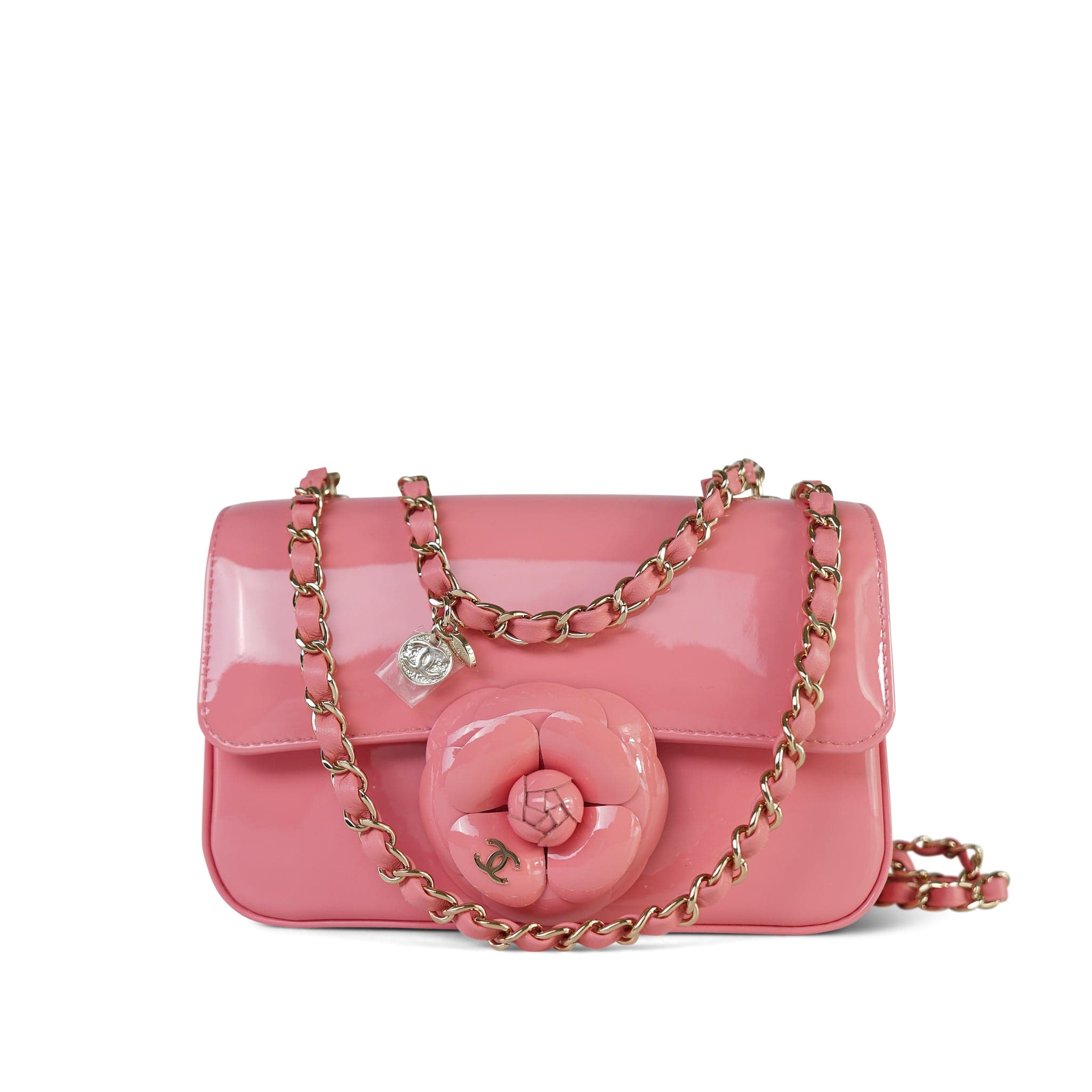 23K Pink Patent Camellia Single Flap Bag Light Gold Hardware