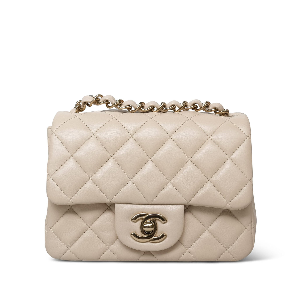 Light Beige Lambskin Quilted Mini Square Flap LGHW