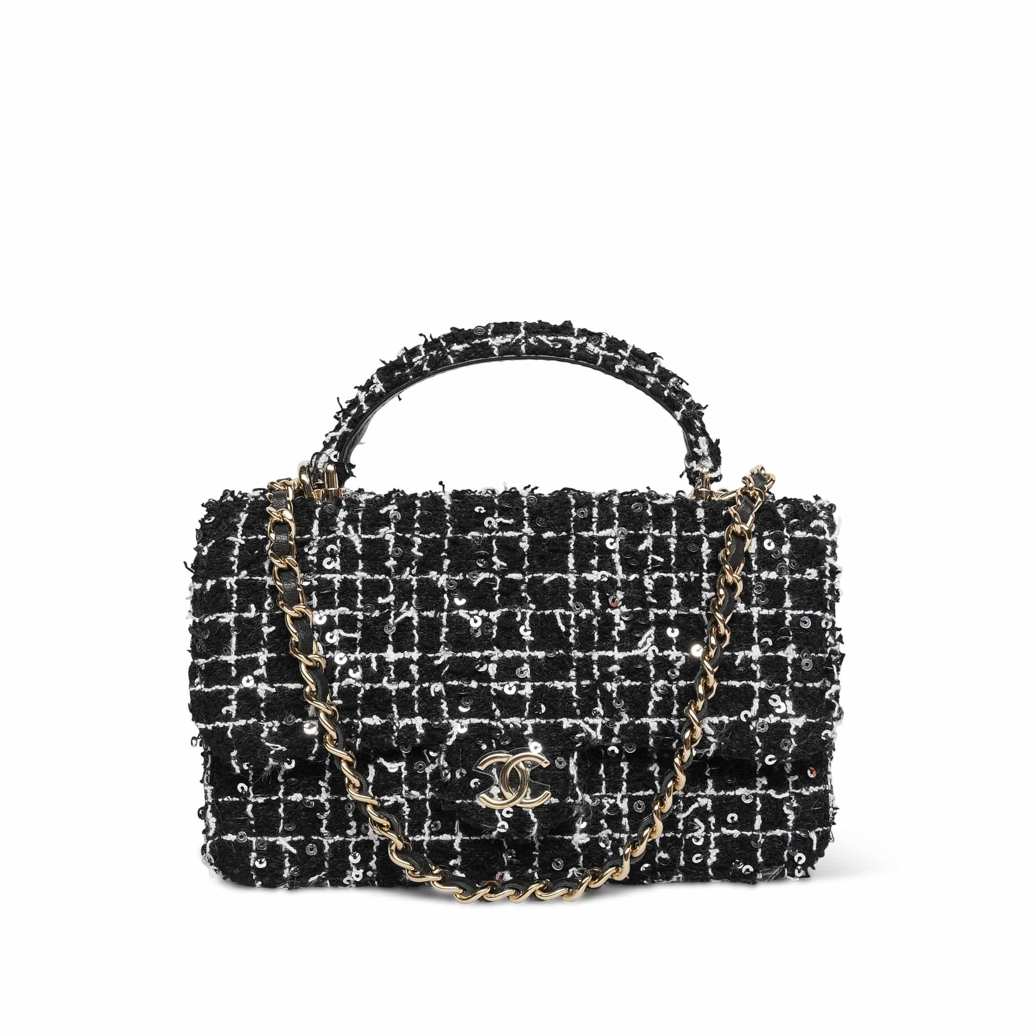Product image 1 of 17: Black/White/Sequin Tweed Quilted Mini Top Handle Light Gold Hardware