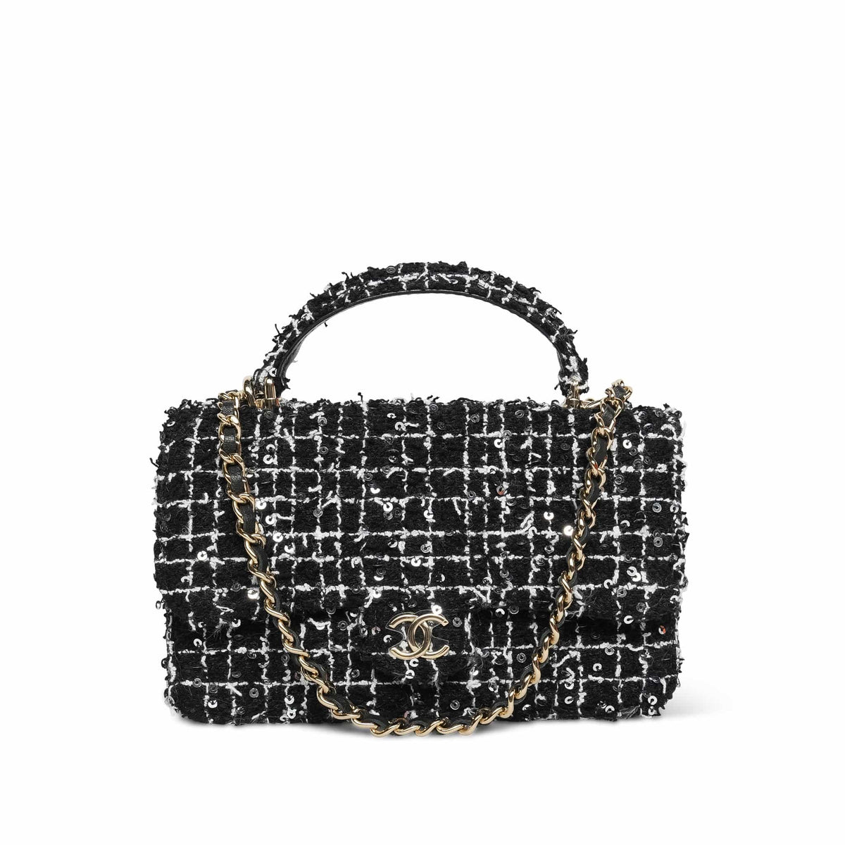 Black/White/Sequin Tweed Quilted Mini Top Handle Light Gold Hardware