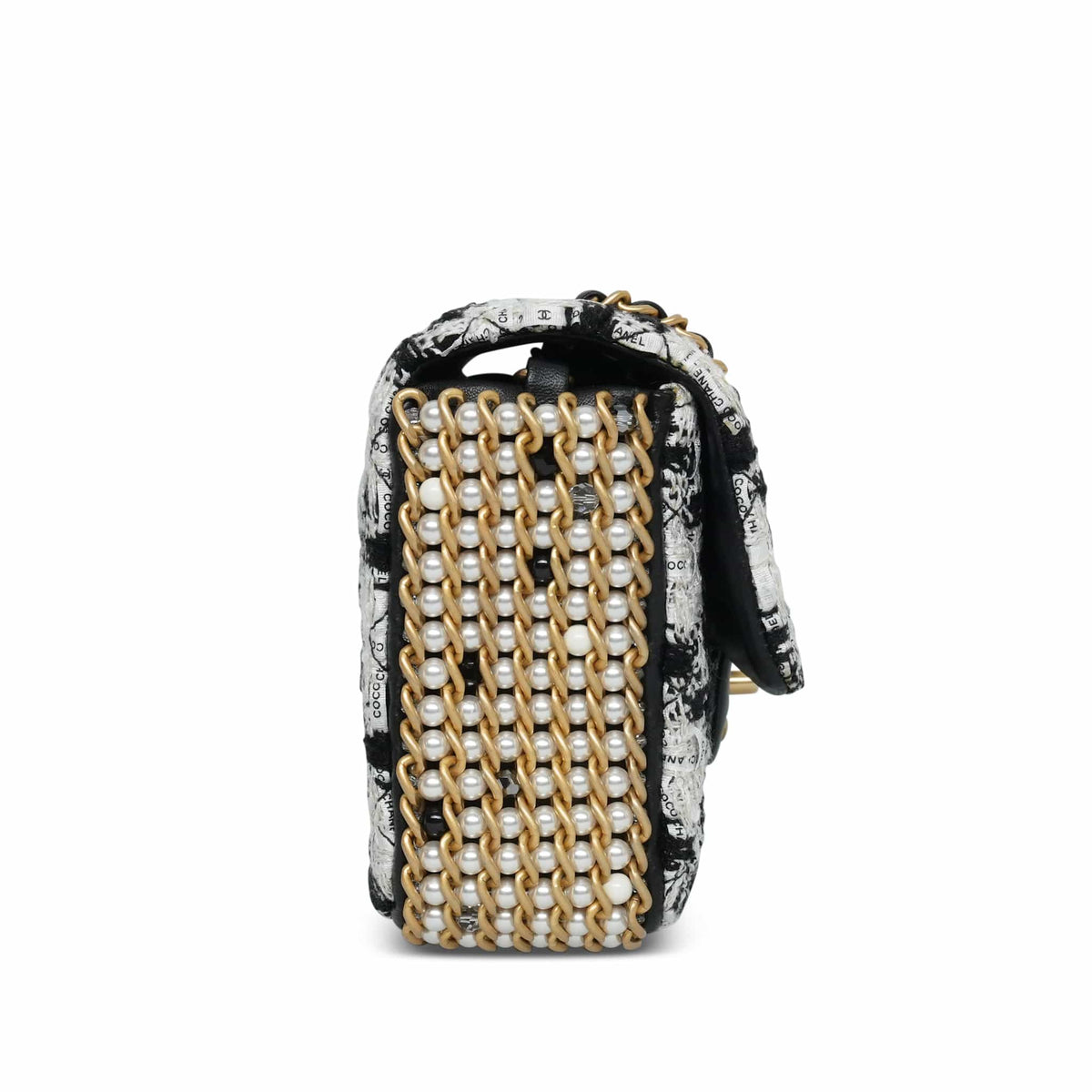 Black White Ecru Houndstooth Tweed Quilted Mini River of Pearls Flap Bag AGHW