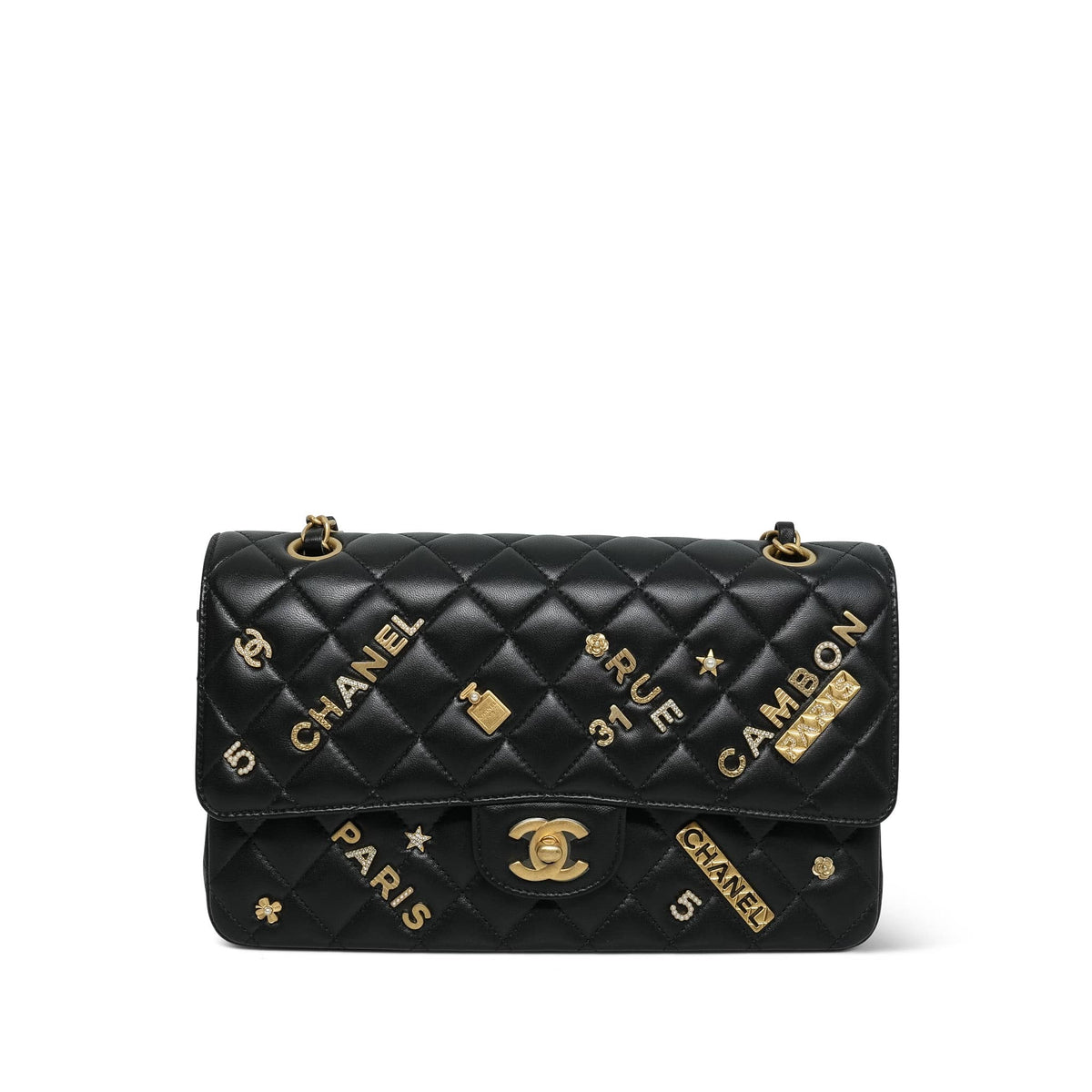 21S Black Lambskin Quilted Rue Cambon Charms Classic Flap Medium AGHW
