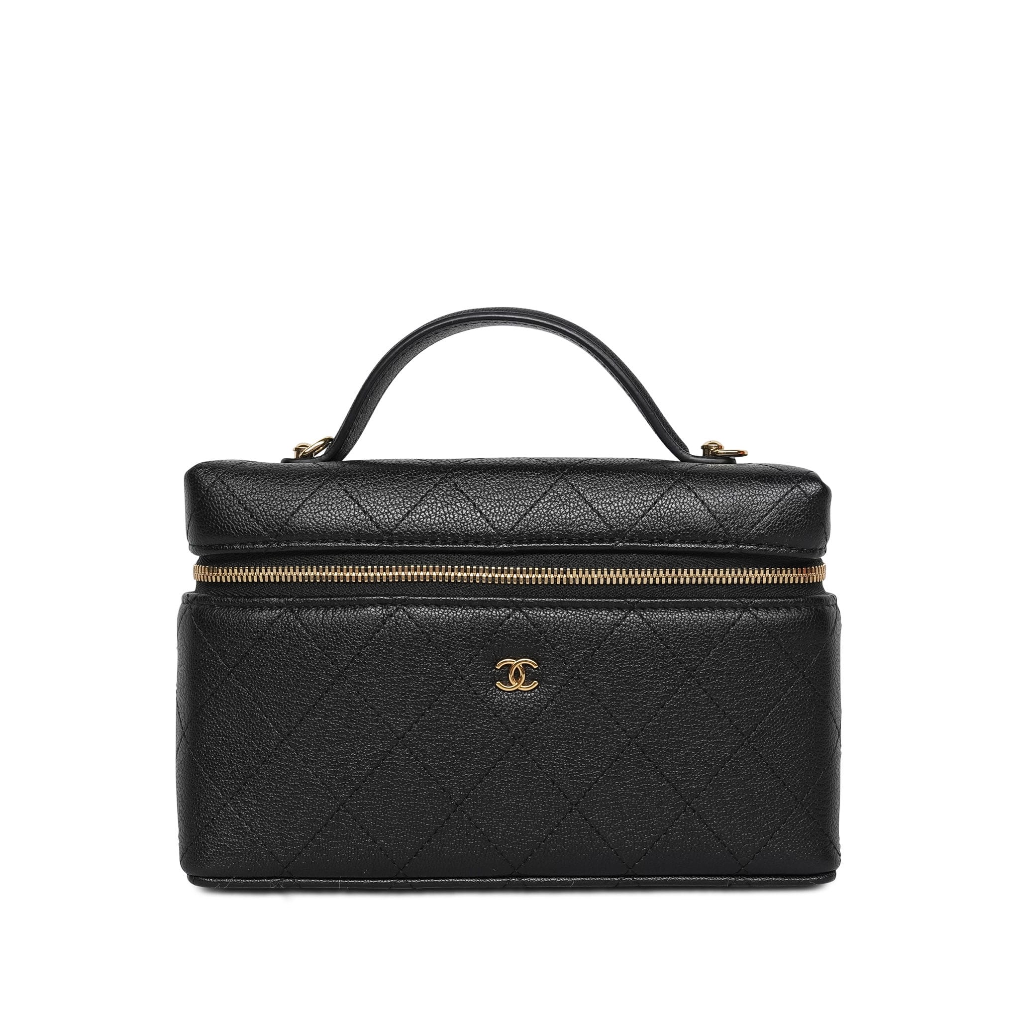26P Black Grained Goatskin Quilted Slim Top Handle Vanity With Chain LGHW