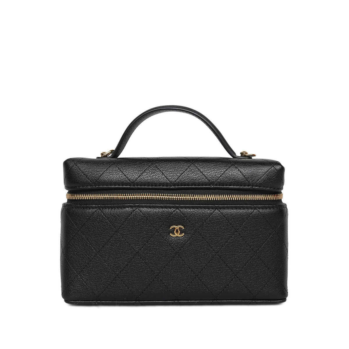 26P Black Grained Goatskin Quilted Slim Top Handle Vanity With Chain LGHW