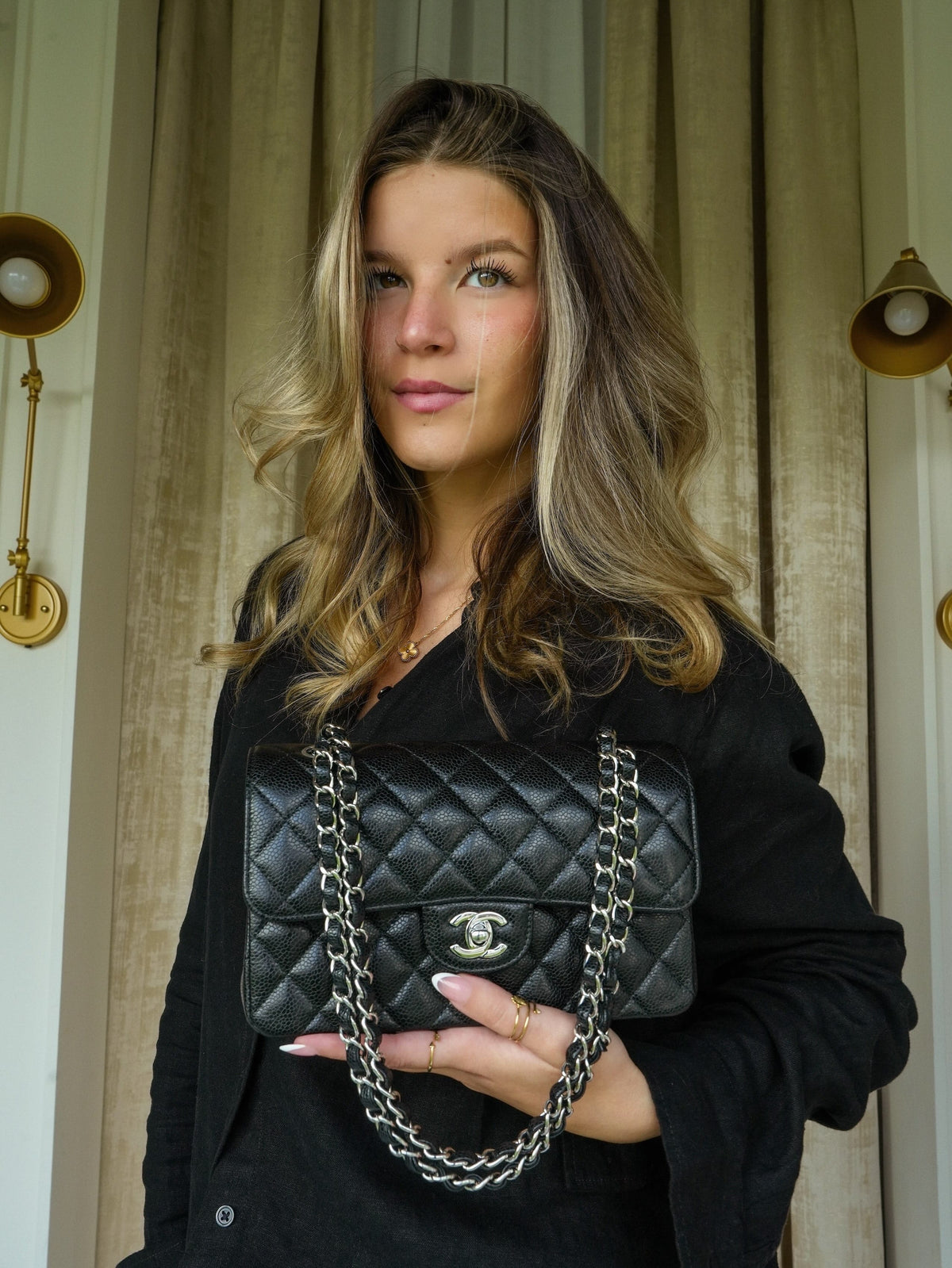 Black Caviar Quilted Classic Flap Small Silver HW